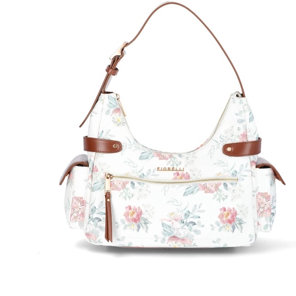 Floral White Shoulder Bag with Brown Accents - Picture 1 of 3